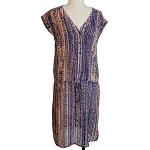 LA MADE Dress Medium Tribal Printed Drop Waist Button Placket Aztec V Neck Sheer